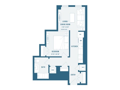 Floor plan for 1 bed, 1 bath, 584 sqft